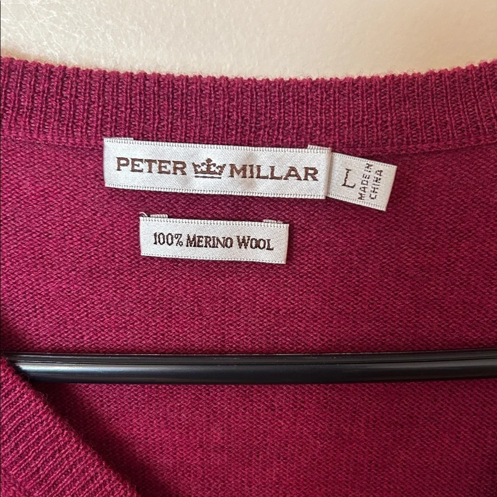 Peter Millar Sweater Men L 100% Merino Wool Red Golf V Neck Pull Over